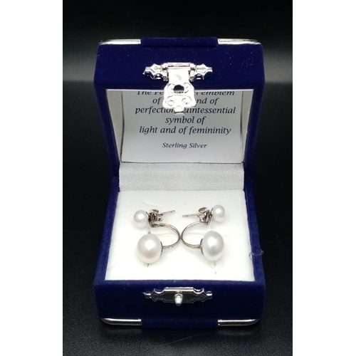 908 - An Unworn Pair of Sterling Silver Double Pearl Set Earrings in Treasure Chest Presentation Box. Larg... 