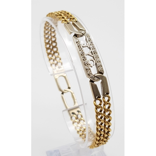 106 - An 18K Yellow and White gold Diamond Bracelet. A double row of flat yellow gold curb links connect t... 