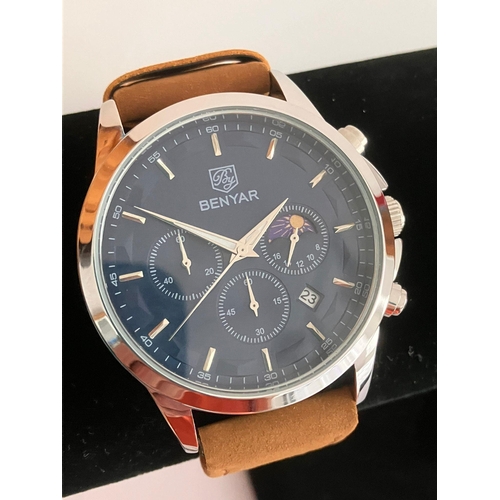 243 - Gentlemans BENYAR CHRONOGRAPH, Moonphase model Finished in stainless steel with brown leather strap.... 