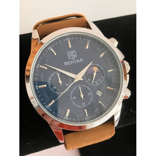 243 - Gentlemans BENYAR CHRONOGRAPH, Moonphase model Finished in stainless steel with brown leather strap.... 