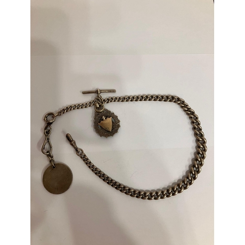 271 - Antique SOLID SILVER ALBERT WATCH CHAIN Complete with T-bar and two  Silver Fobs. To include an inte... 