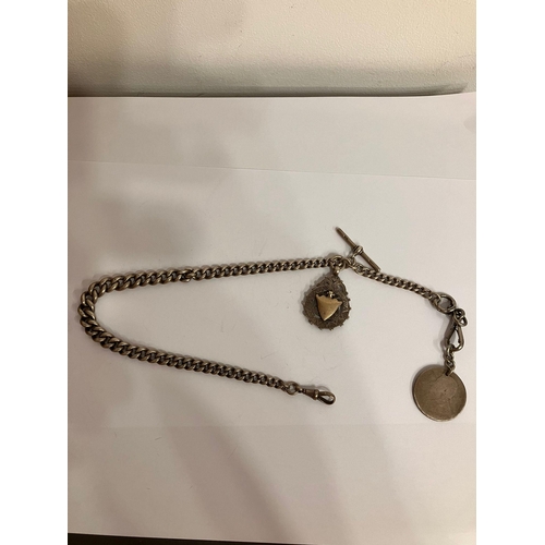 271 - Antique SOLID SILVER ALBERT WATCH CHAIN Complete with T-bar and two  Silver Fobs. To include an inte... 