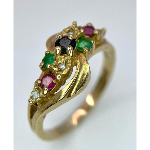 318 - 9K YELLOW GOLD MULTISTONE RING - APPROX 0.02CT DIAMOND 0.10CT RUBY 0.08CT EMERALD 0.05CT SAPPHIRE - ... 