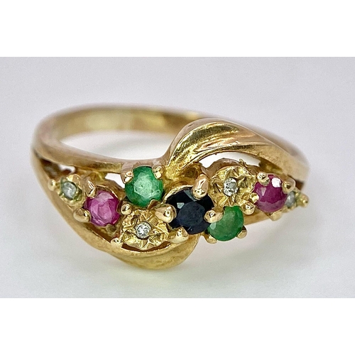 318 - 9K YELLOW GOLD MULTISTONE RING - APPROX 0.02CT DIAMOND 0.10CT RUBY 0.08CT EMERALD 0.05CT SAPPHIRE - ... 