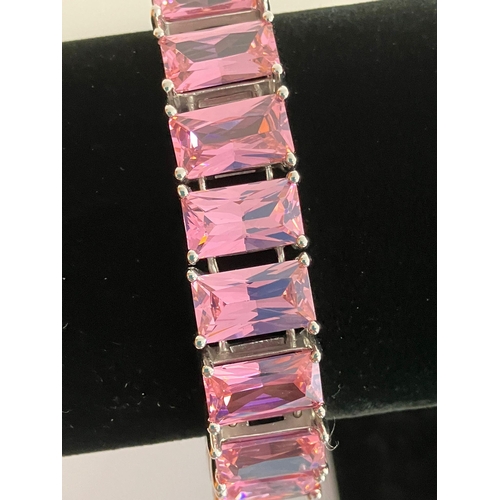 341 - Fabulous SILVER and ROSE QUARTZ PANEL BRACELET. Having 17 Emerald Cut Gemstones set and mounted with... 