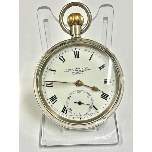 871 - Vintage gents silver pocket watch , wards stores Seven Sisters Tottenham London , ticks but AF.