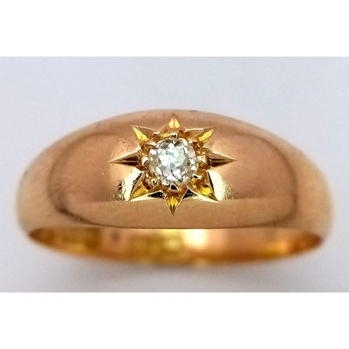 102 - AN ANTIQUE 18K YELLOW GOLD GYPSY STYLE DIAMOND RING, WITH AN OLD CUT DIAMOND, WEIGHT 3.8G SIZE Q, HA... 