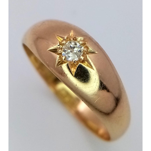 102 - AN ANTIQUE 18K YELLOW GOLD GYPSY STYLE DIAMOND RING, WITH AN OLD CUT DIAMOND, WEIGHT 3.8G SIZE Q, HA... 