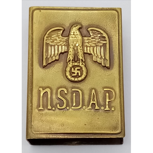 1029 - 3rd Reich Brass Match Box Holder with NSDAP logo. Marked Ges. Gesch.