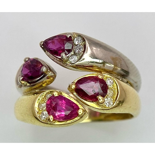 12 - AN IMPRESSIVE 18K YELLOW AND WHITE GOLD SET WITH DIAMOND & RUBY DOUBLE BAND RING, APPROX 0.80CT TEAR... 