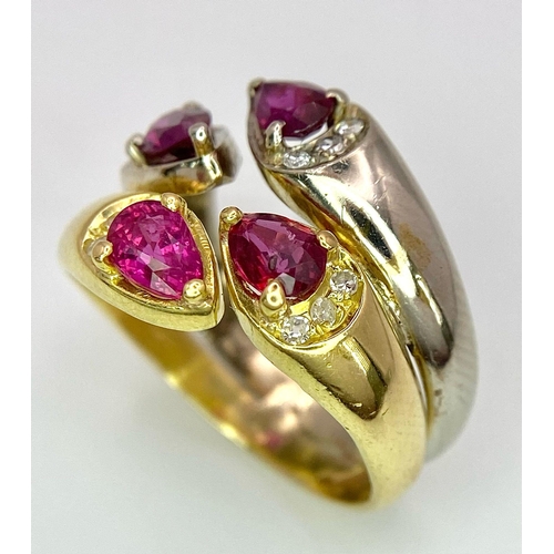 12 - AN IMPRESSIVE 18K YELLOW AND WHITE GOLD SET WITH DIAMOND & RUBY DOUBLE BAND RING, APPROX 0.80CT TEAR... 