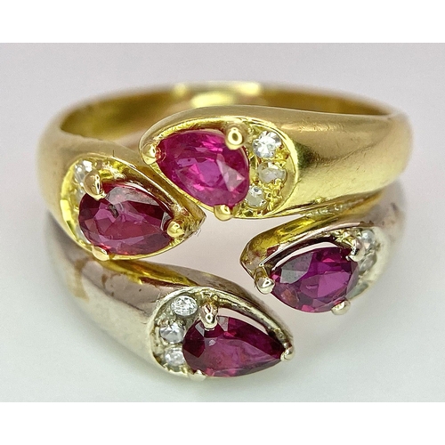 12 - AN IMPRESSIVE 18K YELLOW AND WHITE GOLD SET WITH DIAMOND & RUBY DOUBLE BAND RING, APPROX 0.80CT TEAR... 