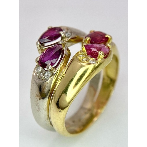 12 - AN IMPRESSIVE 18K YELLOW AND WHITE GOLD SET WITH DIAMOND & RUBY DOUBLE BAND RING, APPROX 0.80CT TEAR... 