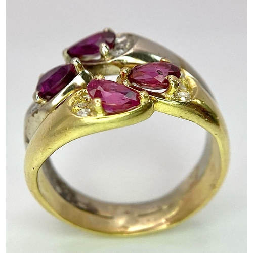 12 - AN IMPRESSIVE 18K YELLOW AND WHITE GOLD SET WITH DIAMOND & RUBY DOUBLE BAND RING, APPROX 0.80CT TEAR... 