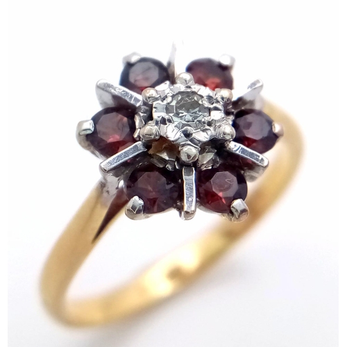 123 - 18K YELLOW GOLD DIAMOND & GARNET SET RING IN FLORAL DESIGN, WEIGHT 3.3G SIZE L.	
SC 4092