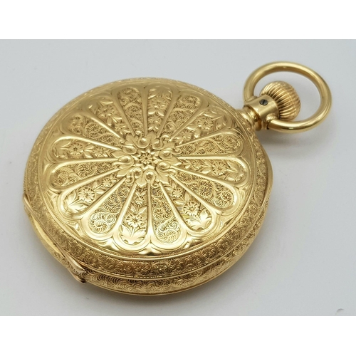 15 - An Antique Waltham 18K Gold Full Hunter Pocket Watch. The case is ornately decorated in a floral pat... 