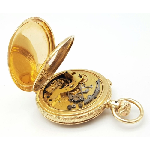 15 - An Antique Waltham 18K Gold Full Hunter Pocket Watch. The case is ornately decorated in a floral pat... 