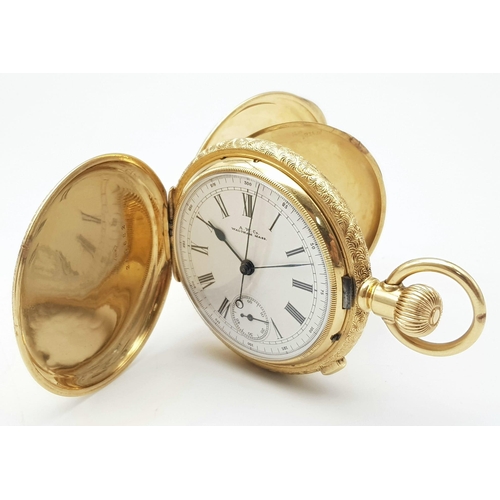 15 - An Antique Waltham 18K Gold Full Hunter Pocket Watch. The case is ornately decorated in a floral pat... 