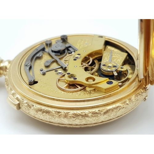 15 - An Antique Waltham 18K Gold Full Hunter Pocket Watch. The case is ornately decorated in a floral pat... 