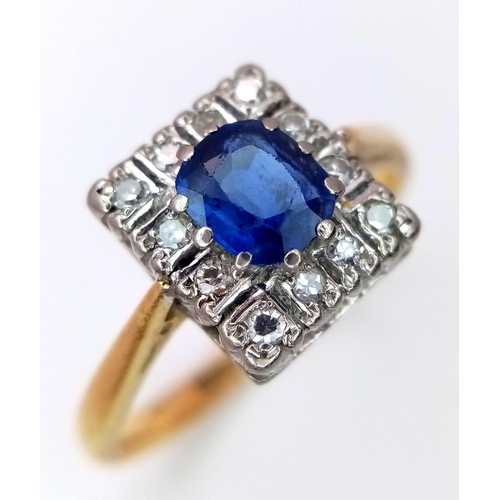 161 - A STUNNING VINTAGE SAPPHIRE AND DIAMOND RING SET IN 18K GOLD .   4.3gms   size O