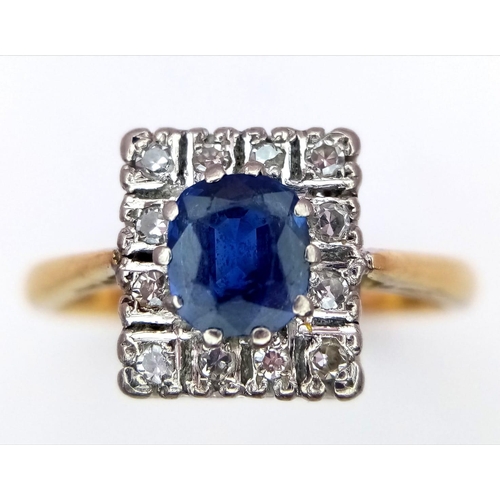 161 - A STUNNING VINTAGE SAPPHIRE AND DIAMOND RING SET IN 18K GOLD .   4.3gms   size O