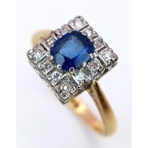 161 - A STUNNING VINTAGE SAPPHIRE AND DIAMOND RING SET IN 18K GOLD .   4.3gms   size O