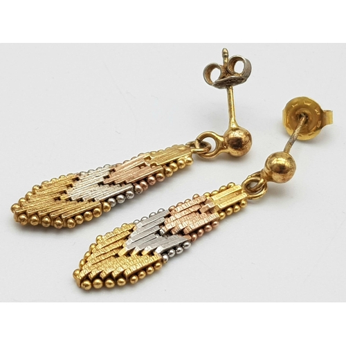 168 - A PAIR OF 3 COLOURED 9K GOLD EARRINGS IN A DROP STYLE .   4.5gms