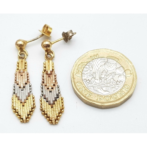 168 - A PAIR OF 3 COLOURED 9K GOLD EARRINGS IN A DROP STYLE .   4.5gms