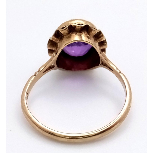 304 - A VINTAGE 9K YELLOW GOLD AMETHYST RING - 2.4CT FACETED OVAL AMETHYST SOLITAIRE STONE- 2.3G TOTAL WEI... 