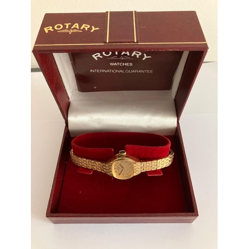 377 - Ladies Vintage ROTARY WRISTWATCH. Finished in gold tone with integral bracelet strap. Complete with ... 