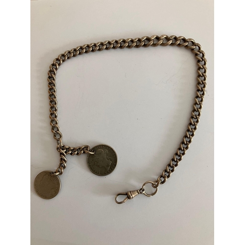 419 - Antique SOLID SILVER ALBERT WATCH CHAIN. Complete with two antique silver coin fobs, To include a Ca... 