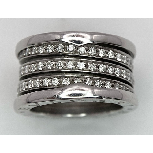 227 - A Bulgari Designer 18K White Gold Diamond Ring. This B.Zero 1 ring has three rows of 1.2ctw beautifu... 