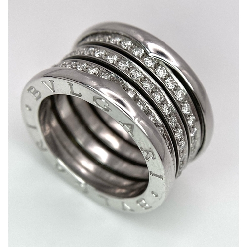 227 - A Bulgari Designer 18K White Gold Diamond Ring. This B.Zero 1 ring has three rows of 1.2ctw beautifu... 