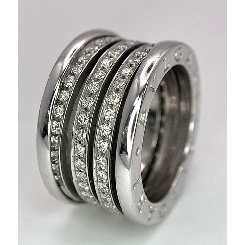 227 - A Bulgari Designer 18K White Gold Diamond Ring. This B.Zero 1 ring has three rows of 1.2ctw beautifu... 