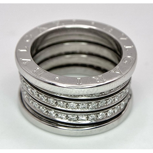 227 - A Bulgari Designer 18K White Gold Diamond Ring. This B.Zero 1 ring has three rows of 1.2ctw beautifu... 