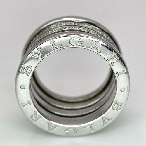 227 - A Bulgari Designer 18K White Gold Diamond Ring. This B.Zero 1 ring has three rows of 1.2ctw beautifu... 