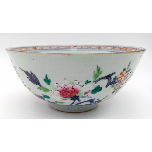 276 - AN 18TH CENTURY CHINESE BOWL WITH EXQUISITE DECORATION OF PEONIES AND GREEN LEAVES . AS ORIGINAL WIT... 