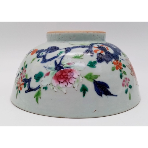 276 - AN 18TH CENTURY CHINESE BOWL WITH EXQUISITE DECORATION OF PEONIES AND GREEN LEAVES . AS ORIGINAL WIT... 