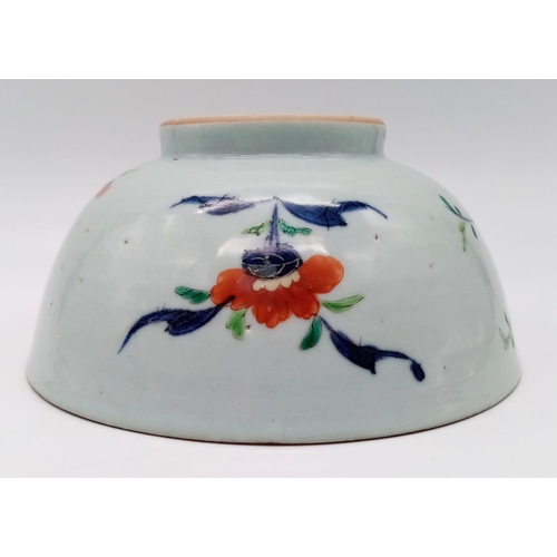 276 - AN 18TH CENTURY CHINESE BOWL WITH EXQUISITE DECORATION OF PEONIES AND GREEN LEAVES . AS ORIGINAL WIT... 