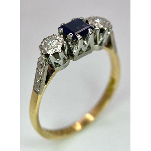 503 - A VINTAGE 18K YELLOW GOLD & PLATINUM SET DIAMOND & SAPPHIRE TRILOGY RING, WEIGHT 3G SIZE O, REF SC 4... 