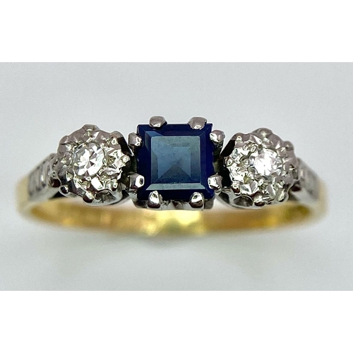 503 - A VINTAGE 18K YELLOW GOLD & PLATINUM SET DIAMOND & SAPPHIRE TRILOGY RING, WEIGHT 3G SIZE O, REF SC 4... 