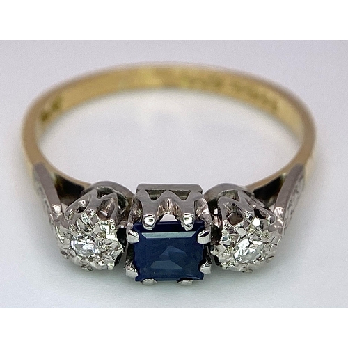 503 - A VINTAGE 18K YELLOW GOLD & PLATINUM SET DIAMOND & SAPPHIRE TRILOGY RING, WEIGHT 3G SIZE O, REF SC 4... 