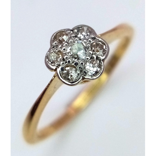 510 - A VINTAGE 18K YELLOW GOLD  OLD CUT DIAMOND CLUSTER RING IN FLORAL DESIGN, WEIGHT 1.9G SIZE J, REF SC... 