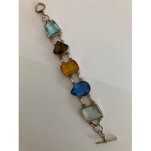 741 - Vintage SILVER BRACELET, MULTI GEM SET with  T-BAR closing. 19 cm.