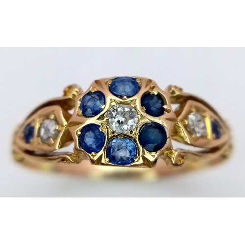 89 - AN ANTIQUE 18K GOLD OLD CUT DIAMOND AND SAPPHIRE RING .   2.6gms   size Q