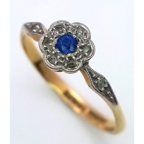 348 - A VINTAGE 18K GOLD SAPPHIRE AND DIAMOND RING WITH PLATINUM SETTING .   1.9gms   size O