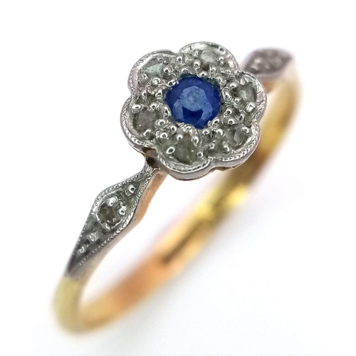 348 - A VINTAGE 18K GOLD SAPPHIRE AND DIAMOND RING WITH PLATINUM SETTING .   1.9gms   size O