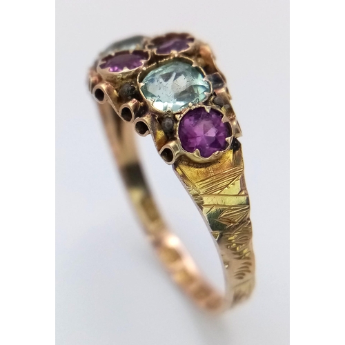 409 - An Antique George IV, 12K Gold, Ruby and Aquamarine Ring. Four bright pink rubies and two ice blue a... 