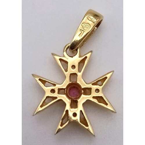 489 - 18K YELLOW GOLD RUBY SET PENDANT, WEIGHT 1G	AND 17MM DROP APPOX, REF SC 4105