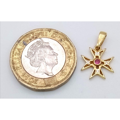 489 - 18K YELLOW GOLD RUBY SET PENDANT, WEIGHT 1G	AND 17MM DROP APPOX, REF SC 4105